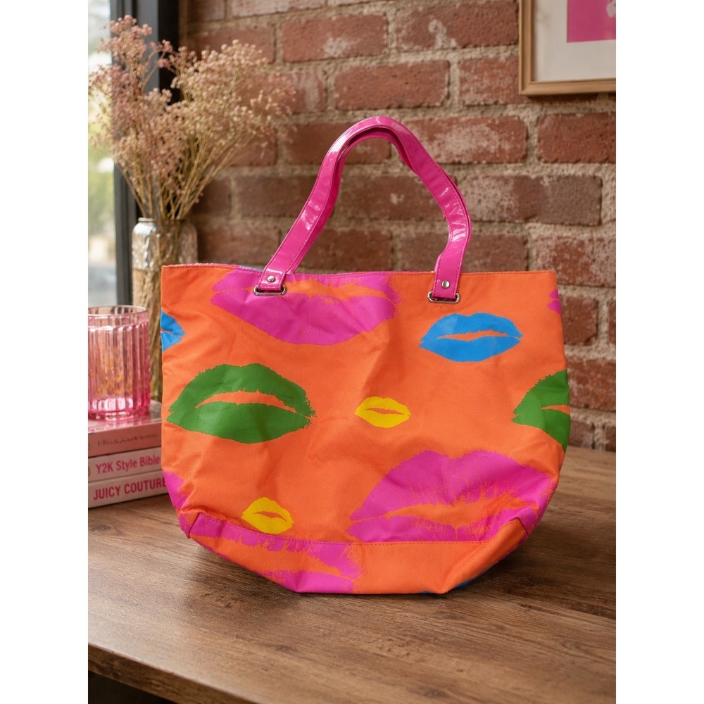 Y2K Orange Lip Kiss Tote Pink Pop Art Neon Beach Bag McBling Eclectic Funky Bold